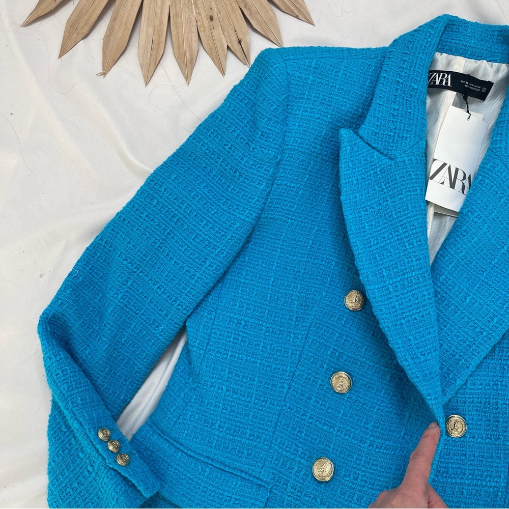 Zara Double Breasted Textured Blue Teal Turquoise Button Front Blazer Jacket XL - Picture 4 of 6